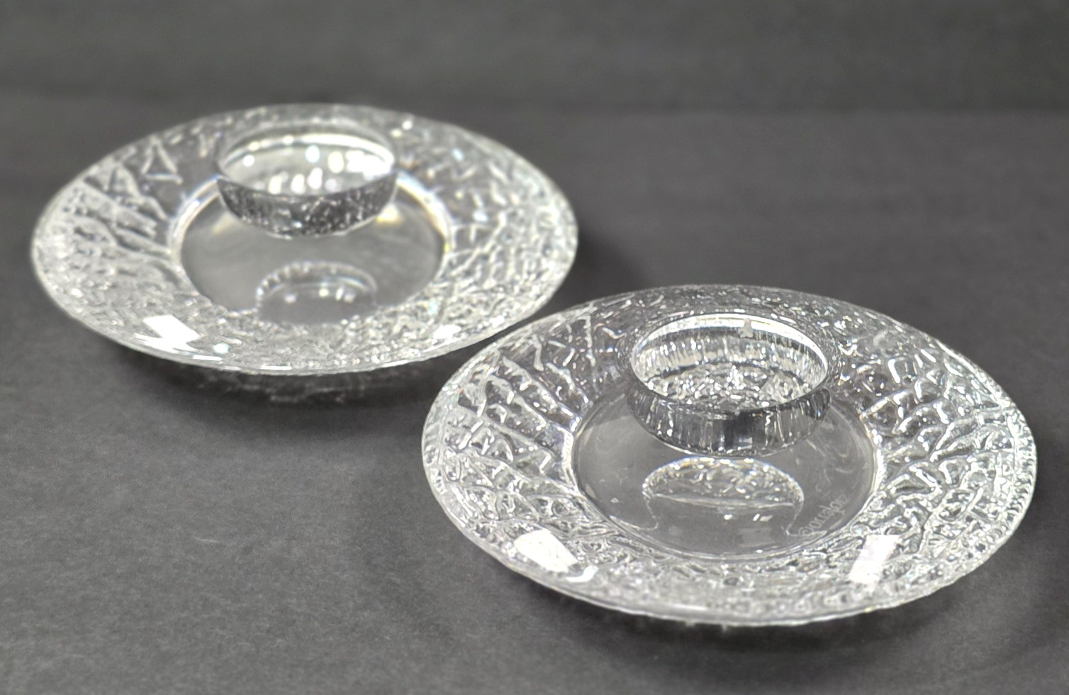 Orrefors Diskus Crystal Votive Holders Pair Signed 5.5″ Scandinavian MCM Decor
