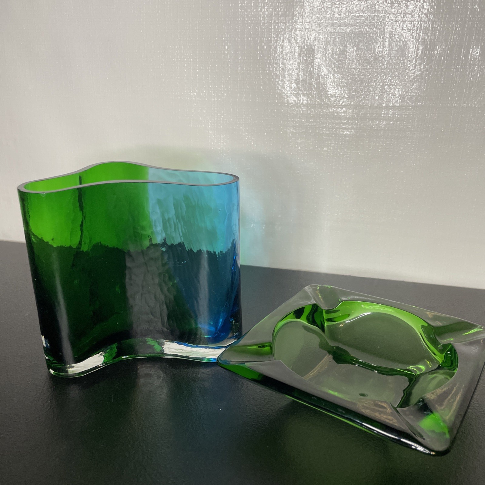 Southern Living Green Clear and Blue Art Glass Vase And Ash Tray Set Of 2