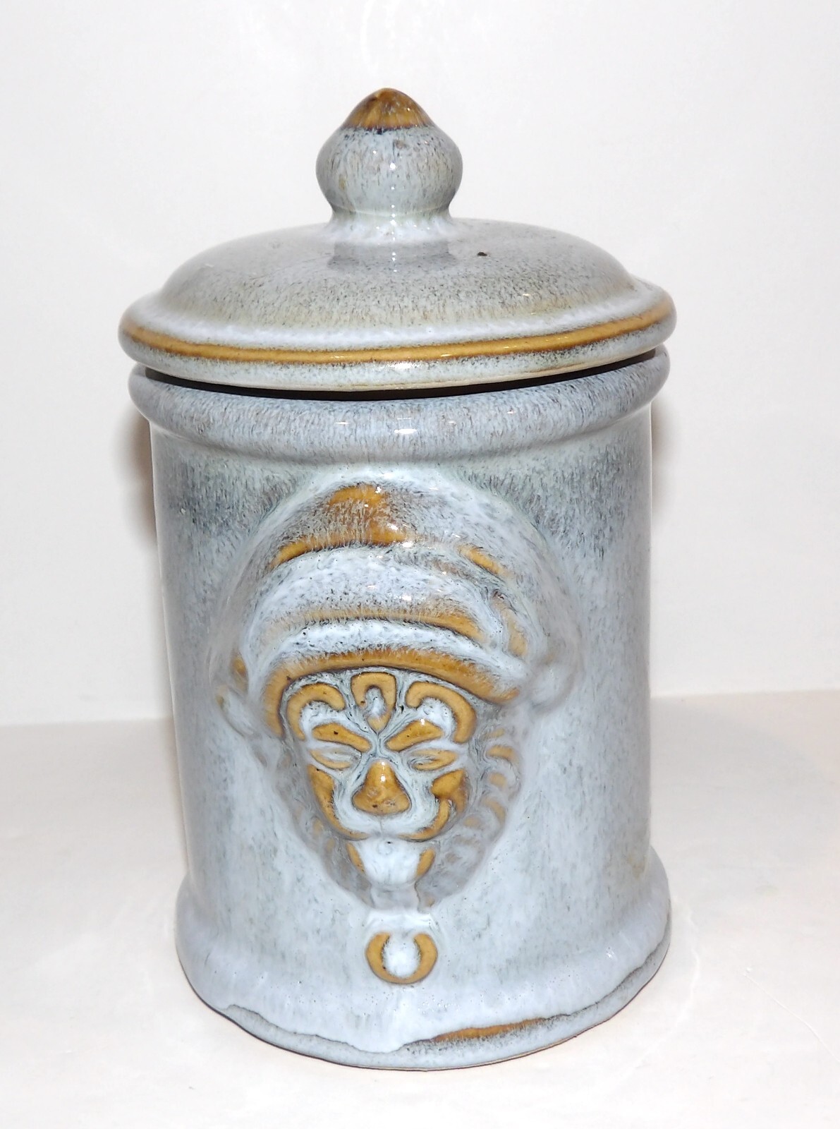 LOVELY VINTAGE RARE BOMBAY COMPANY GLAZED POTTERY TWO FACED 6 1/4″ CANISTER JAR