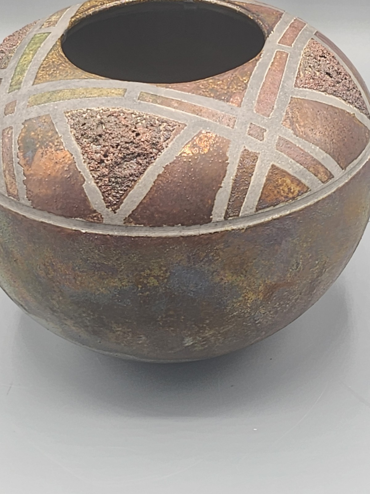 Raku Art Pottery Vase Iridescent Hues Hand Thrown, Signed Geometry