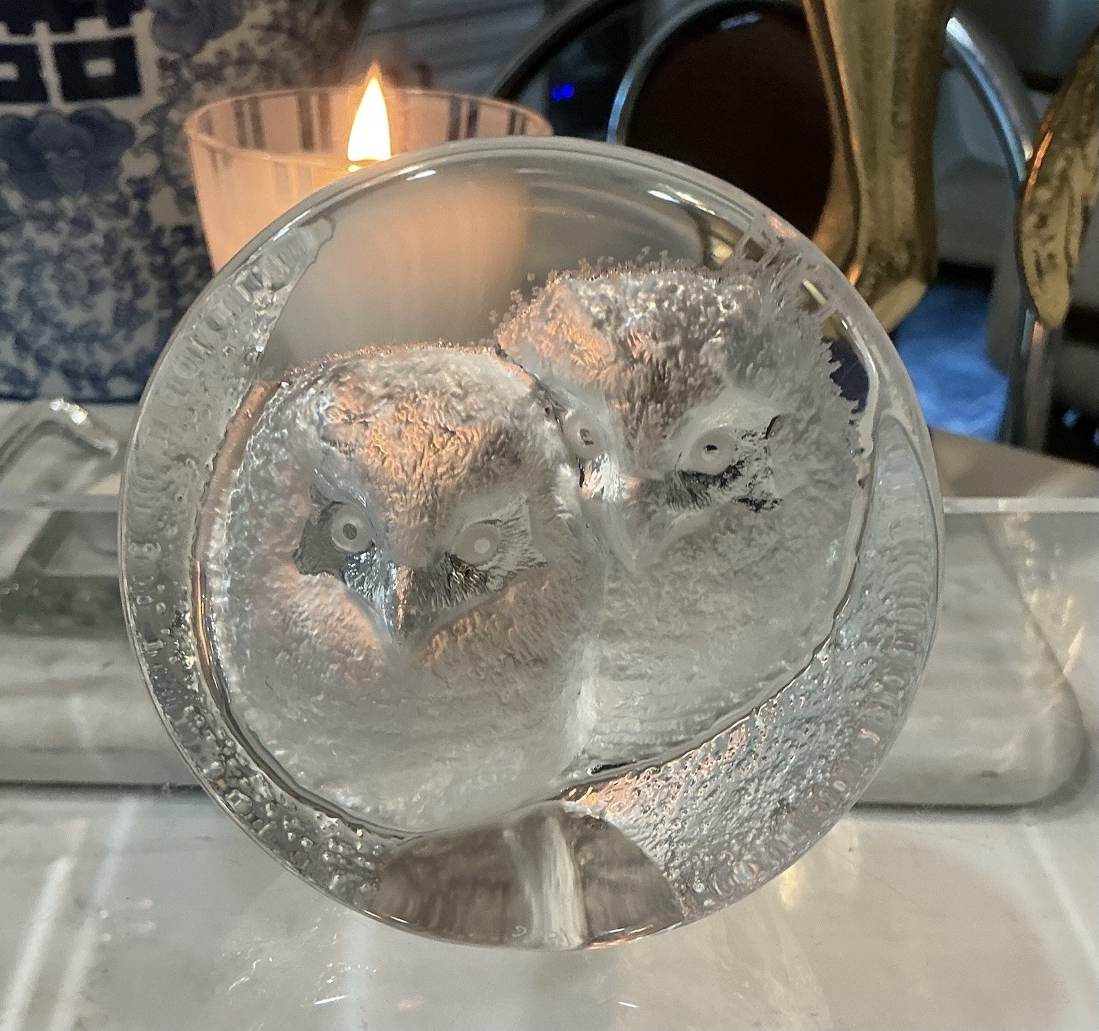 MATS JONASSON Circular Intaglio Sculpture LEAD CRYSTAL 2 Owlets Signed Numbered