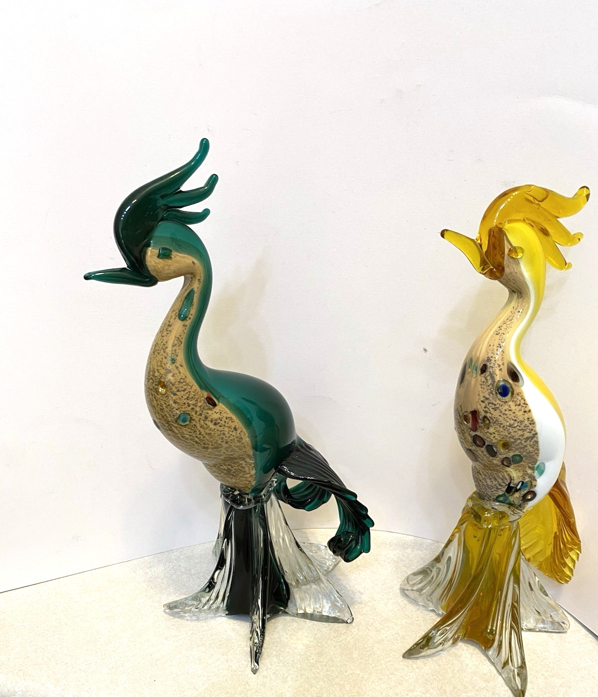 Vintage Murano Glass Bird of Paradise – Rare Pair In Yellow And Green-MCM
