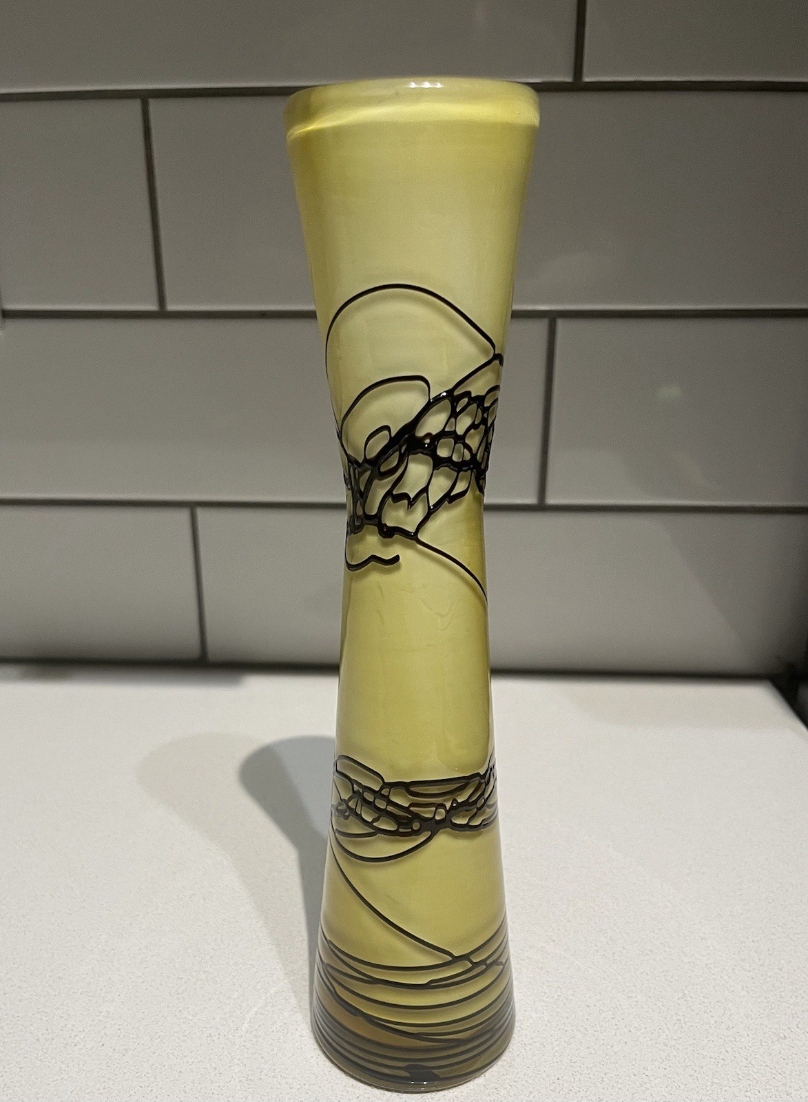 Arte Murano Style Yellow Cased White Art Nouveau Glass Vase Brown Threads