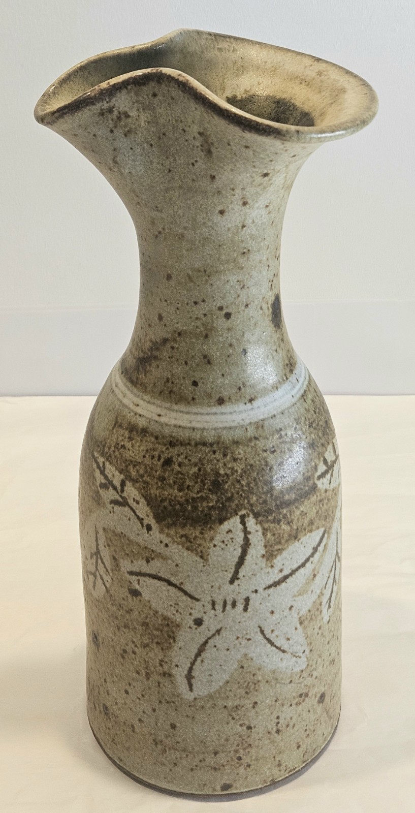Vintage 1980 Studio Pottery Vase 11” Stoneware Bottle Form Flared Rim Earth Tone