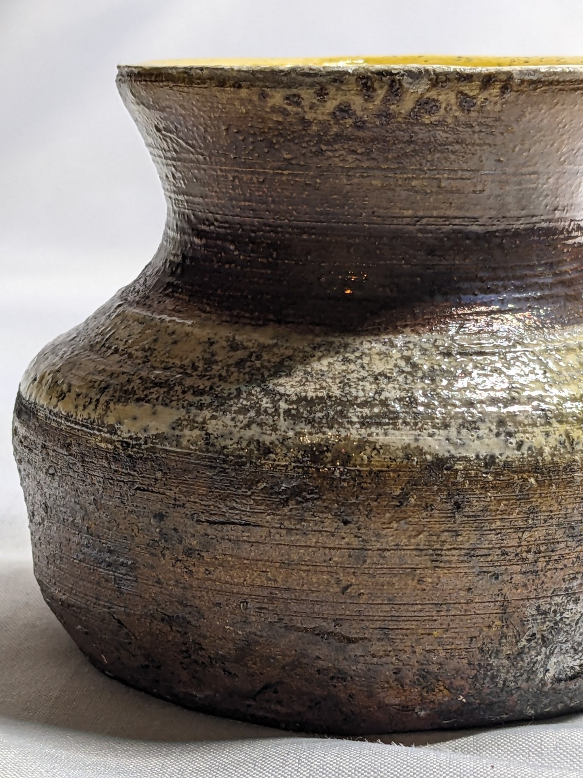 Rustic Glazed Pottery Vase, Brown Yellow Copper, Signed