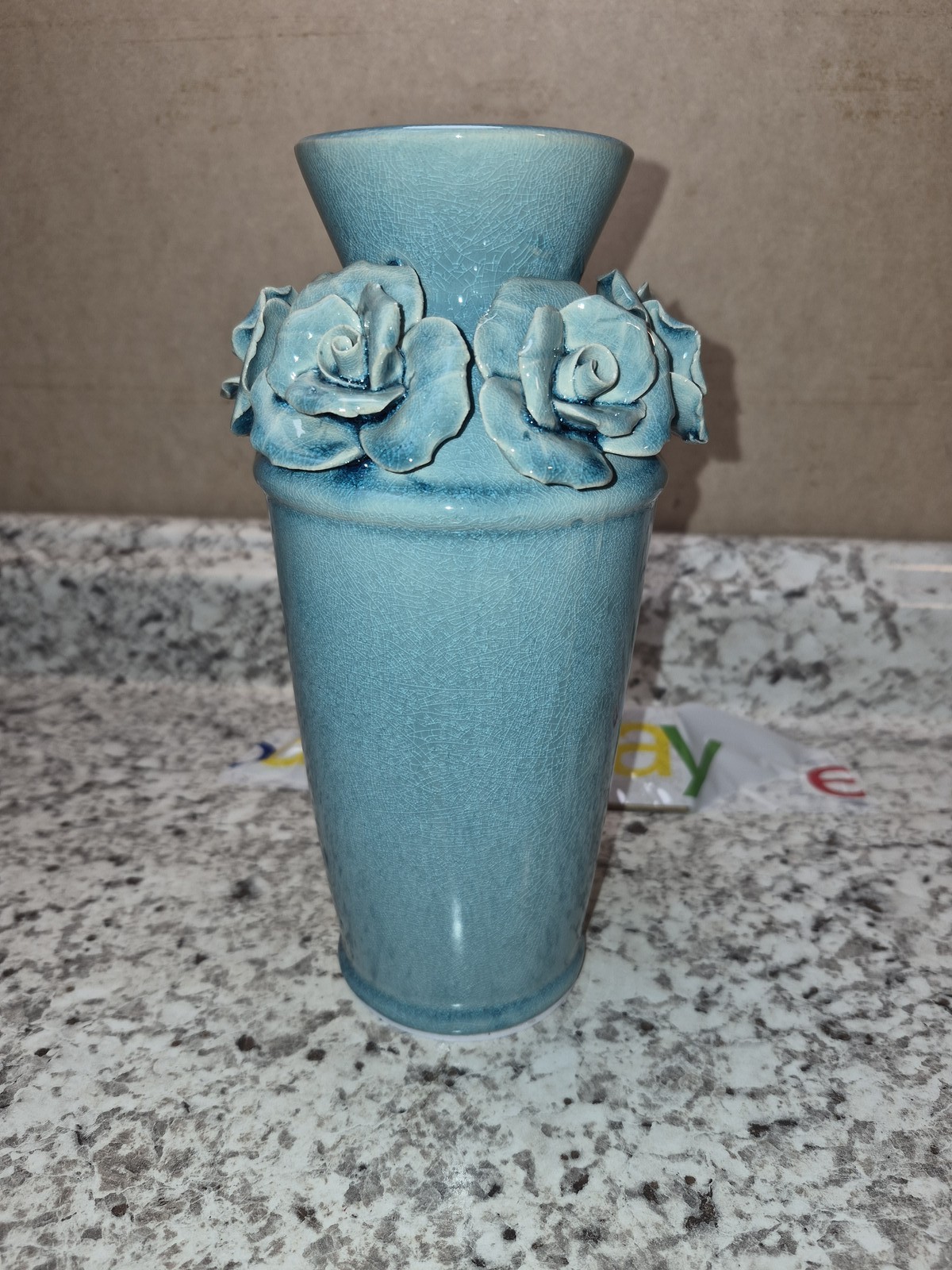 Sure Yuesi Teal Blue Ceramic Vase 7.5″ 3D Roses Floral Crackle Glaze Handmade
