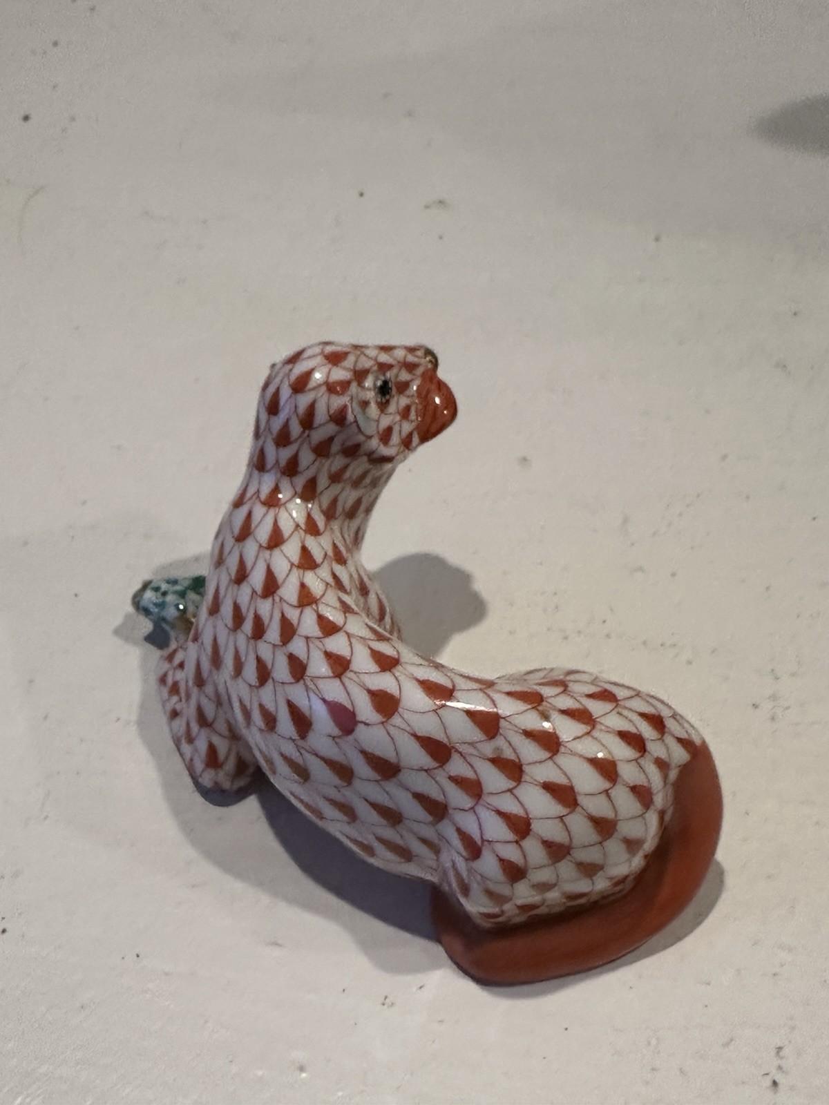 HEREND Otter W/ Fish Black Fishnet Figurine Rust Colored
