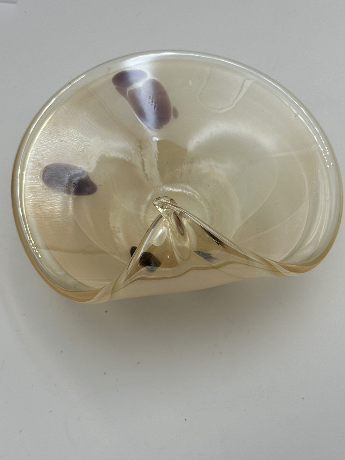 Gold Iridescent Folded Rim Italian Hand Blown Art Glass Console Bowl