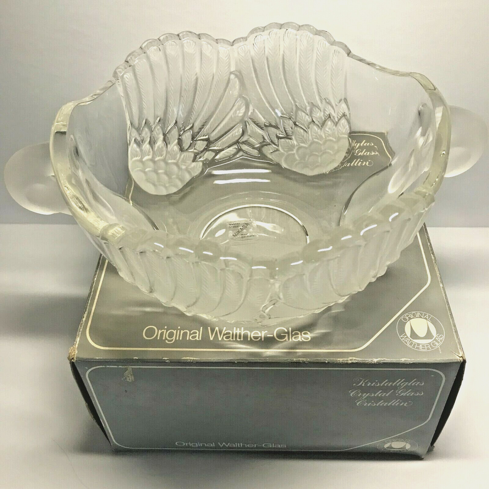 Mikasa Swan Centerpiece Bowl Frosted Crystal Glass Frosted Double Handles w /Box