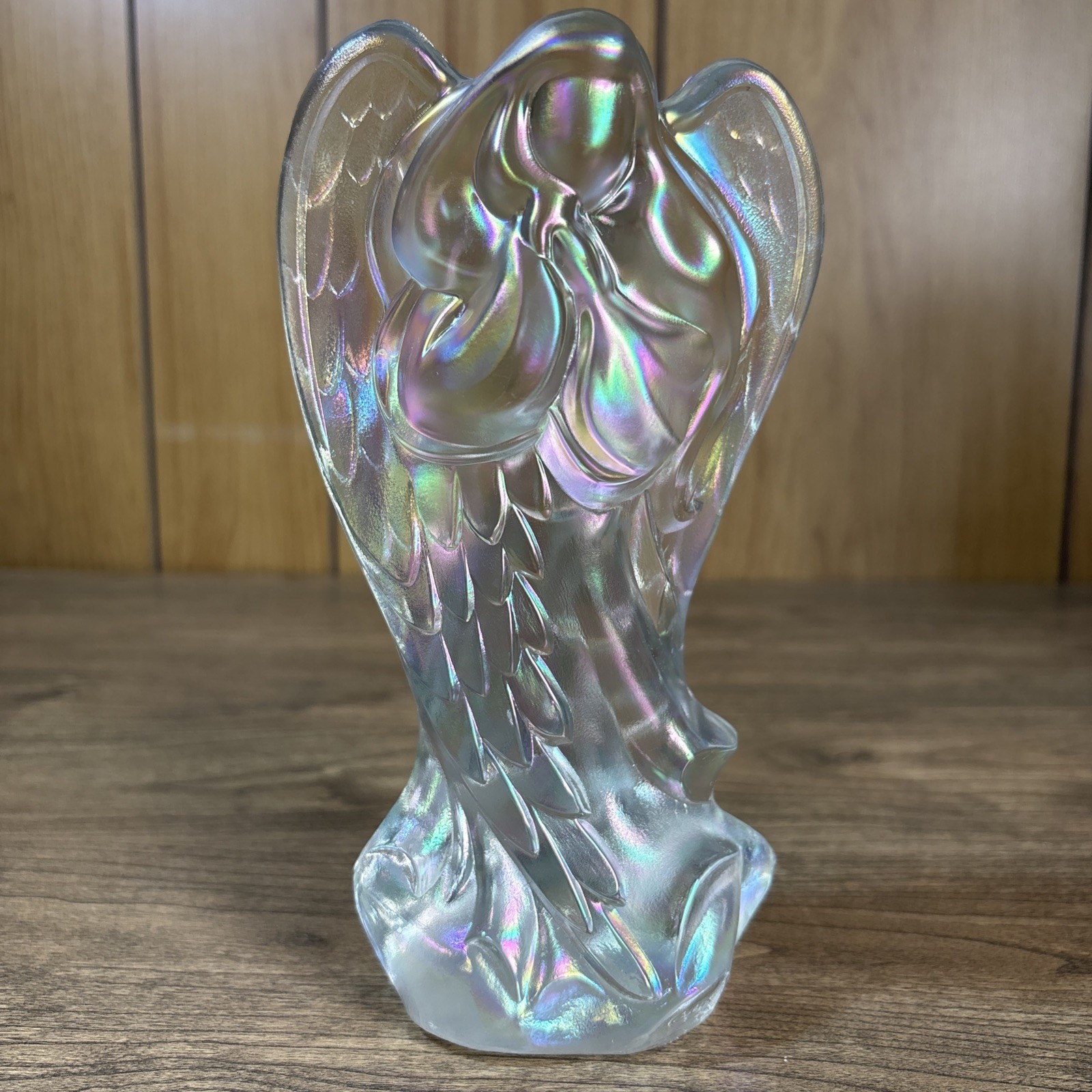 Rare NON Coralline Wings Fenton Art Glass Iridescent Angel Figurine White Clear