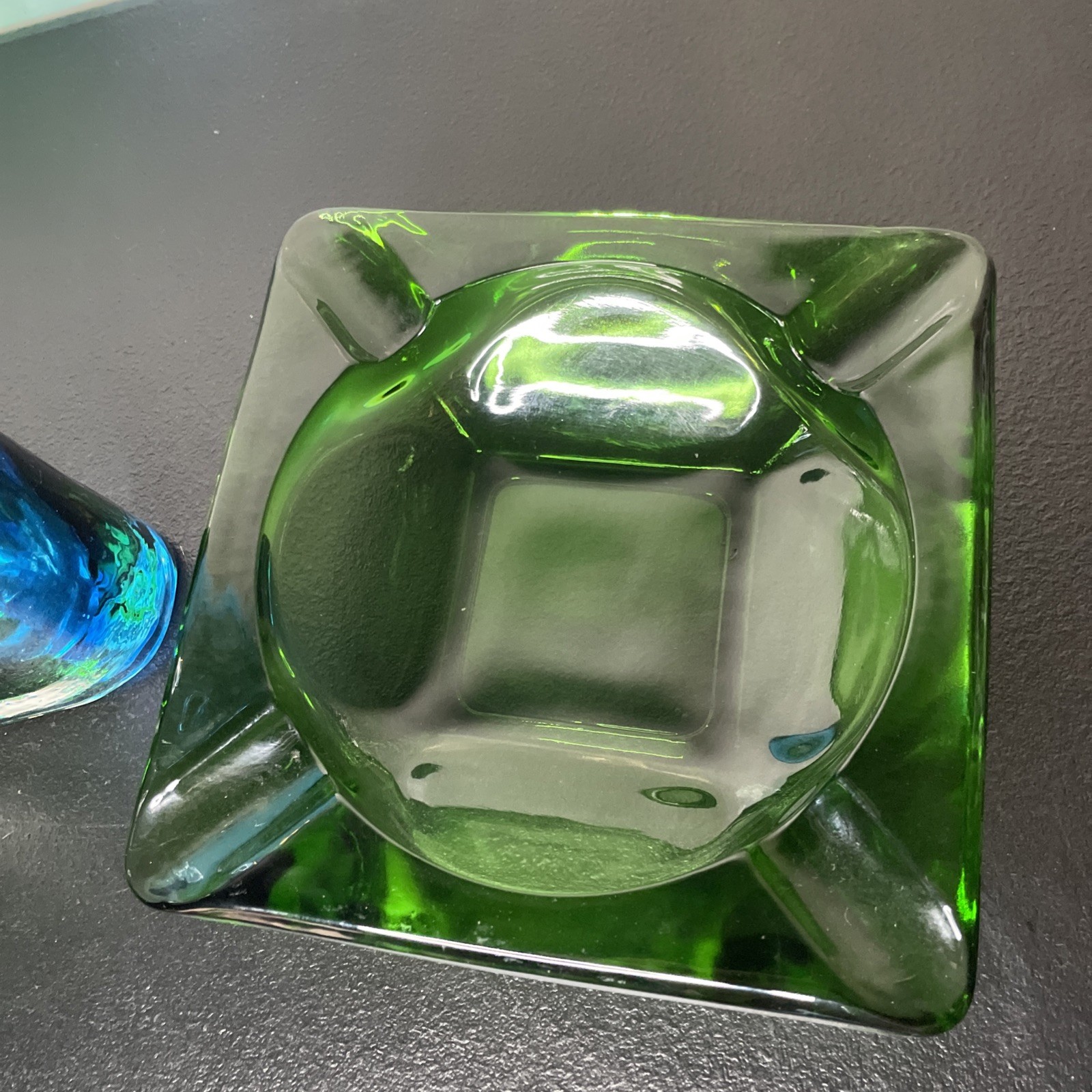 Southern Living Green Clear and Blue Art Glass Vase And Ash Tray Set Of 2