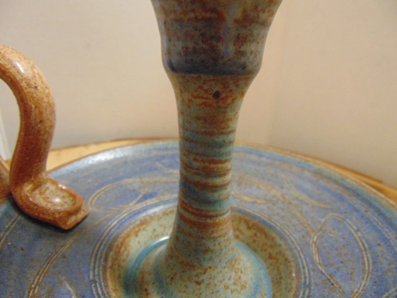 Studio Art Pottery Chamberstick Candle Holder w/ Drip Tray Glazed Artist Mark