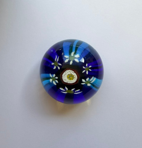 Murano Italy Signed Vetreria 3 Fiori Millefiori Glass Paperweight Blue Floral
