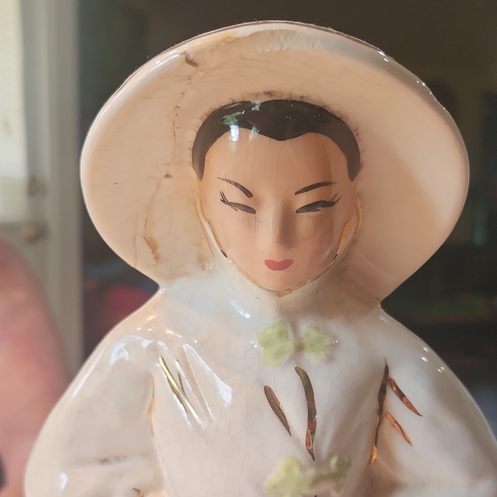 Ceramic Woman Figurine Hand Painted Glossy Finish White Black 14 in