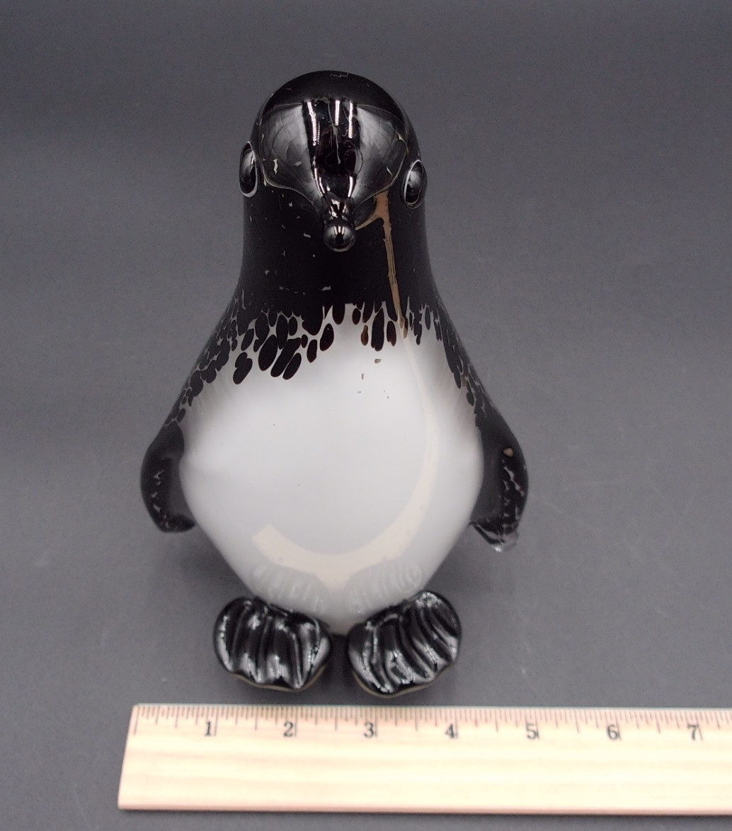 Hand Blown Art Glass Penguin Black White 8″ Tall Figurine