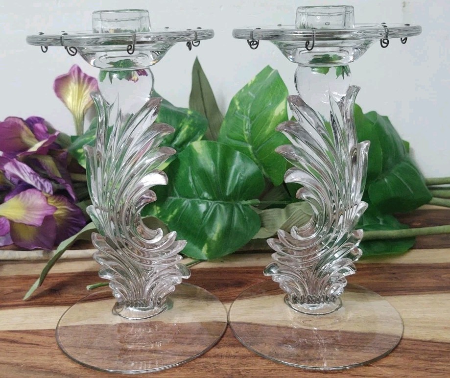 Pair of Fostoria Baroque Flame Cut Crystal Candleabra Candle Sticks Holders 2484