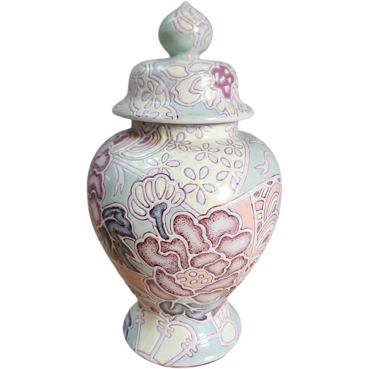 Vintage Macau Pedestal Ginger Jar – Hand-Painted Floral Lidded Urn Vase Pastel R