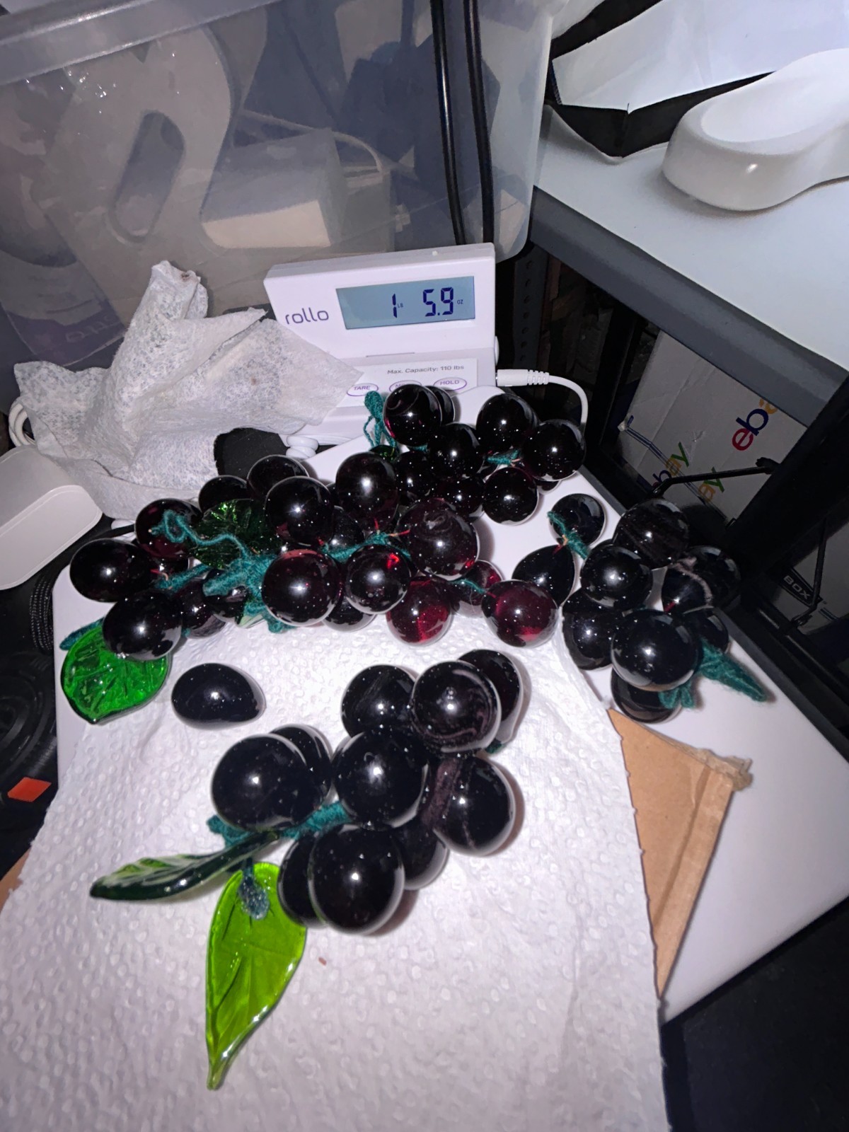 Set of 5 Handblown Glass Grape Purple 4″ Clusters Wire Wrap Green Leaves NOTE