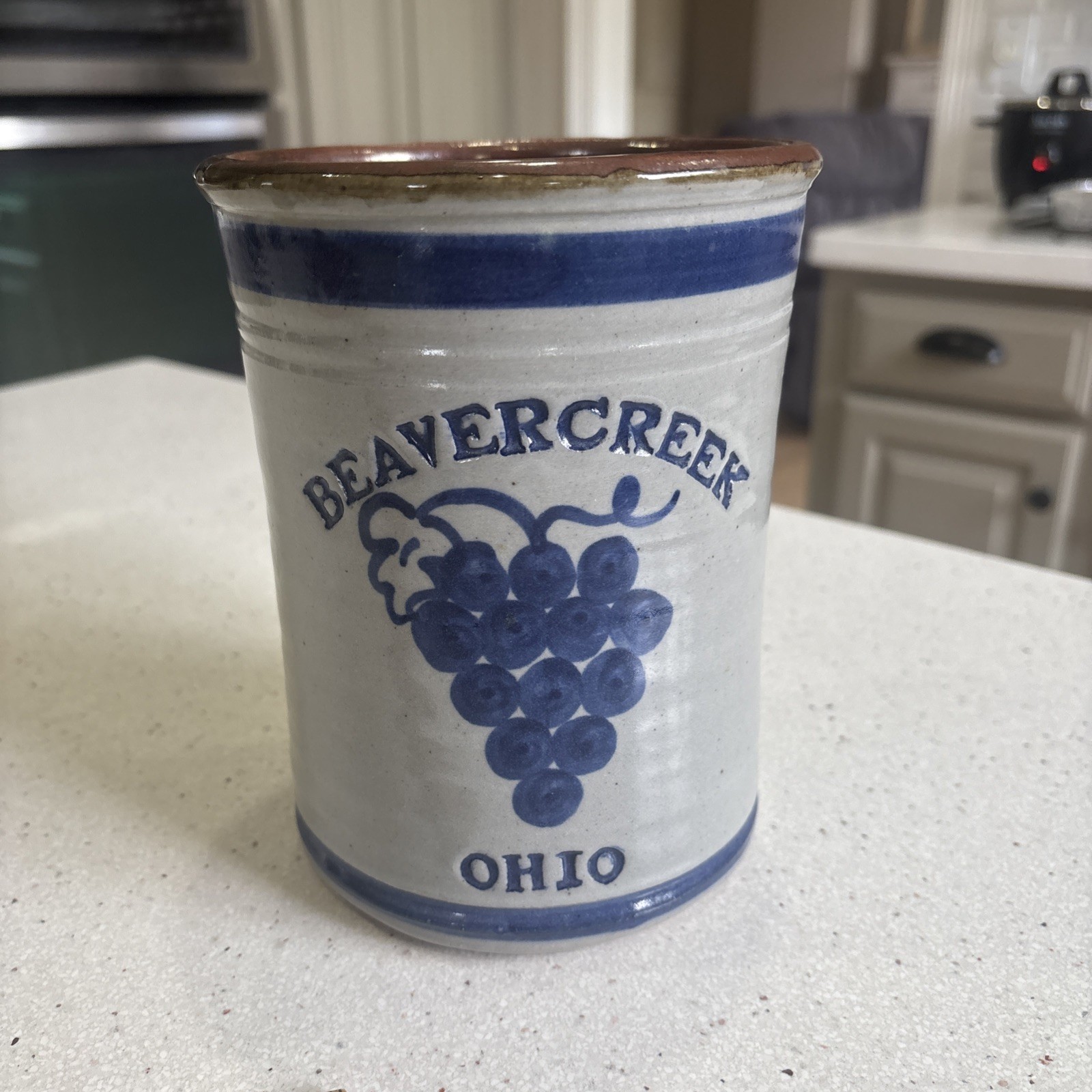 BEAVERCREEK OHIO Salt Glazed STONEWARE Pottery Crock/Utensil Jar 7”