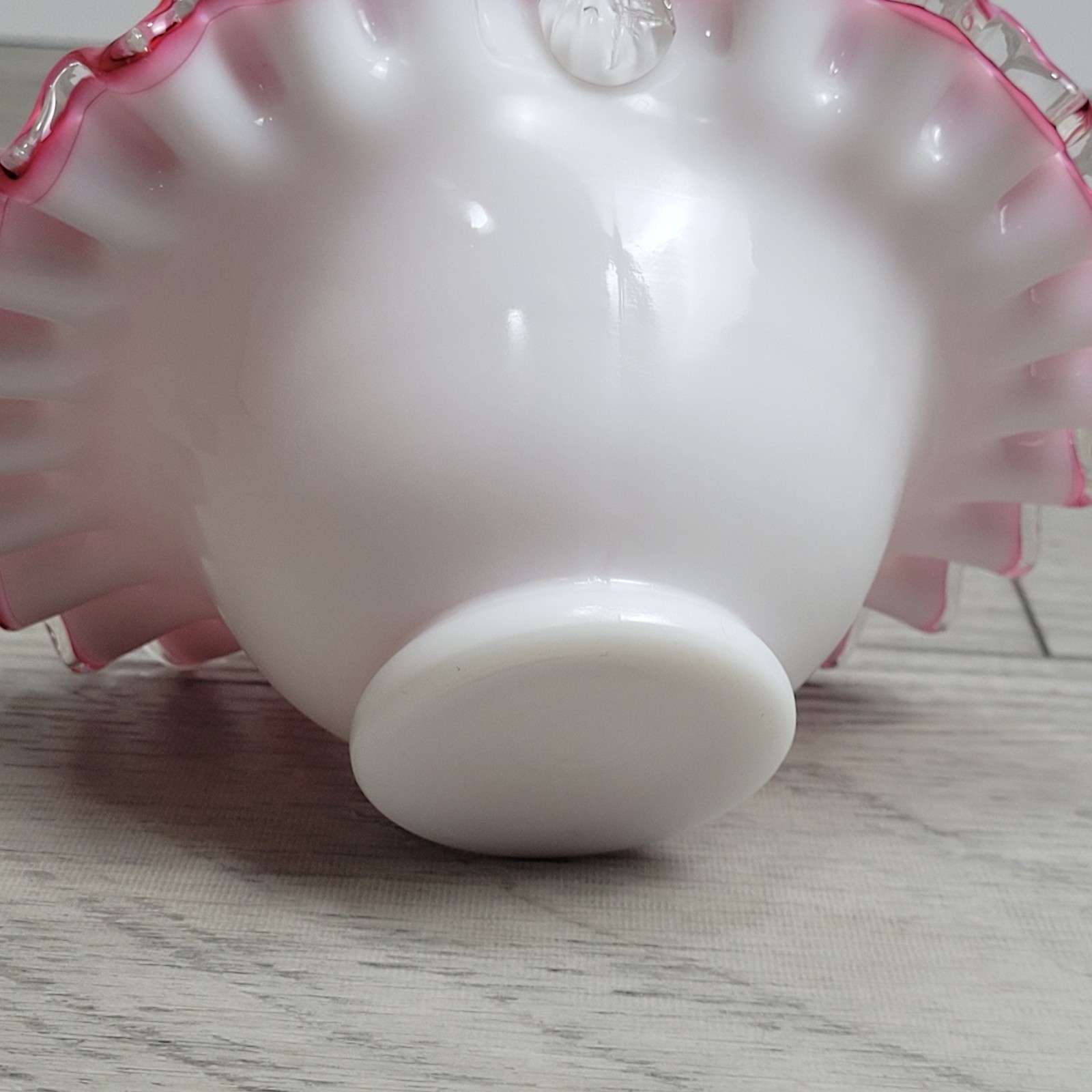 Vintage Fenton Peach Crest Glass Basket Pink White Milk Glass Ruffled Edge 1940s