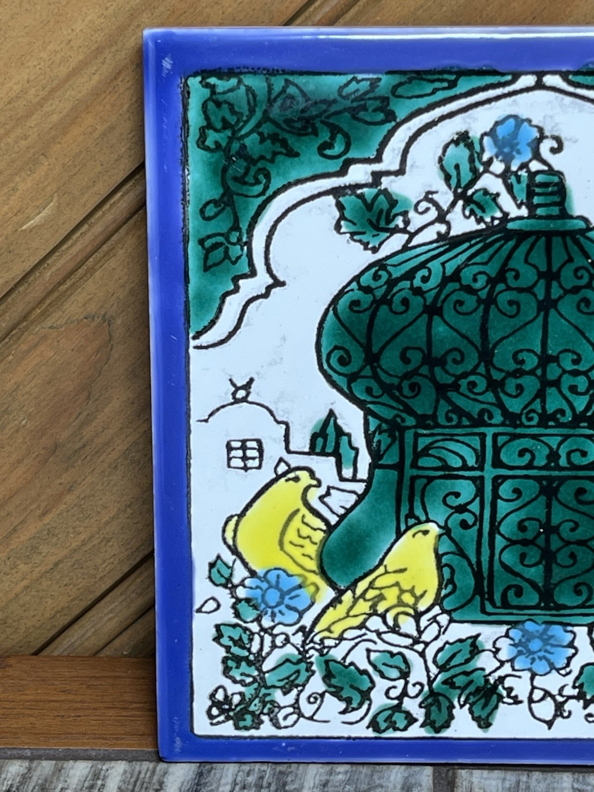 Vintage Ceramic Wall Art Tile 5-3/4” Hand Painted Oriental Garden Yellow Birds