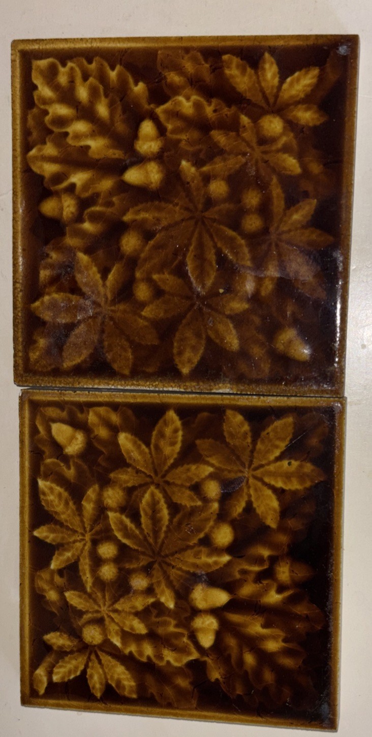 Pair Antique Raven Owen Co Art Tile Newburgh New York Pottery Tile Acorn Floral
