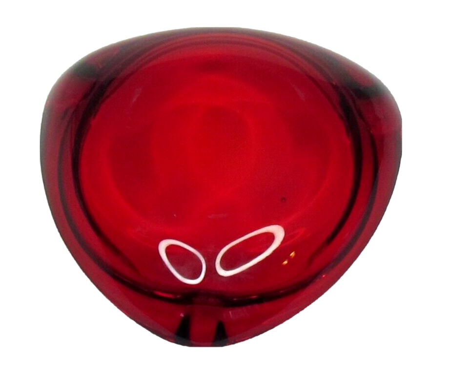 Viking Glass Ruby Red Rounded Triangle Ashtray 8 inch 3.5lbs