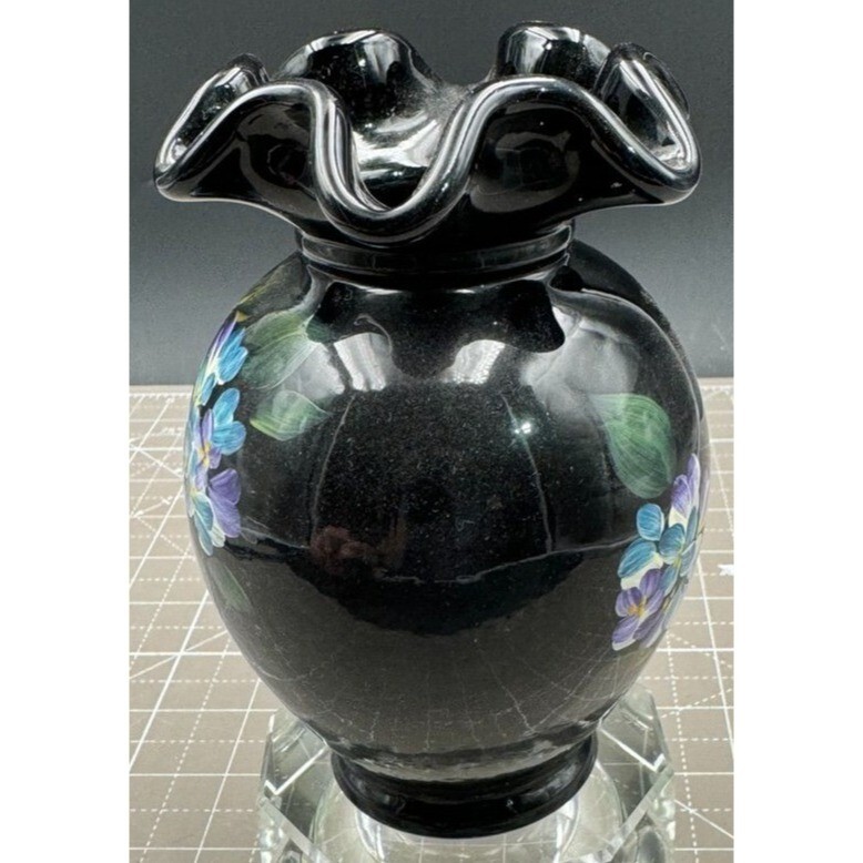 Vintage Fenton Ebony Glass Vase Hand Painted Floral Design J Cutshaw
