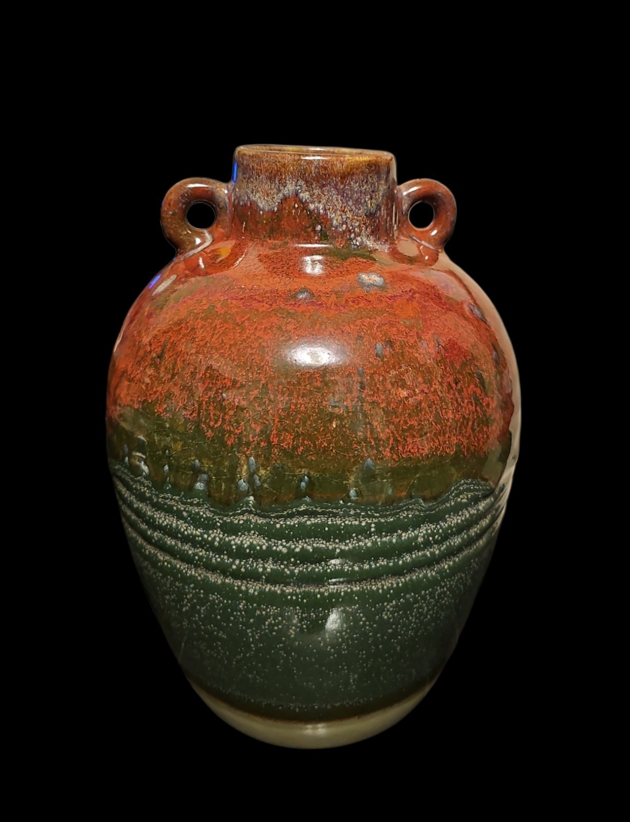 Vintage Studio Art Pottery Vase Earth Tone Reactive Glaze Amphora Lug Handles
