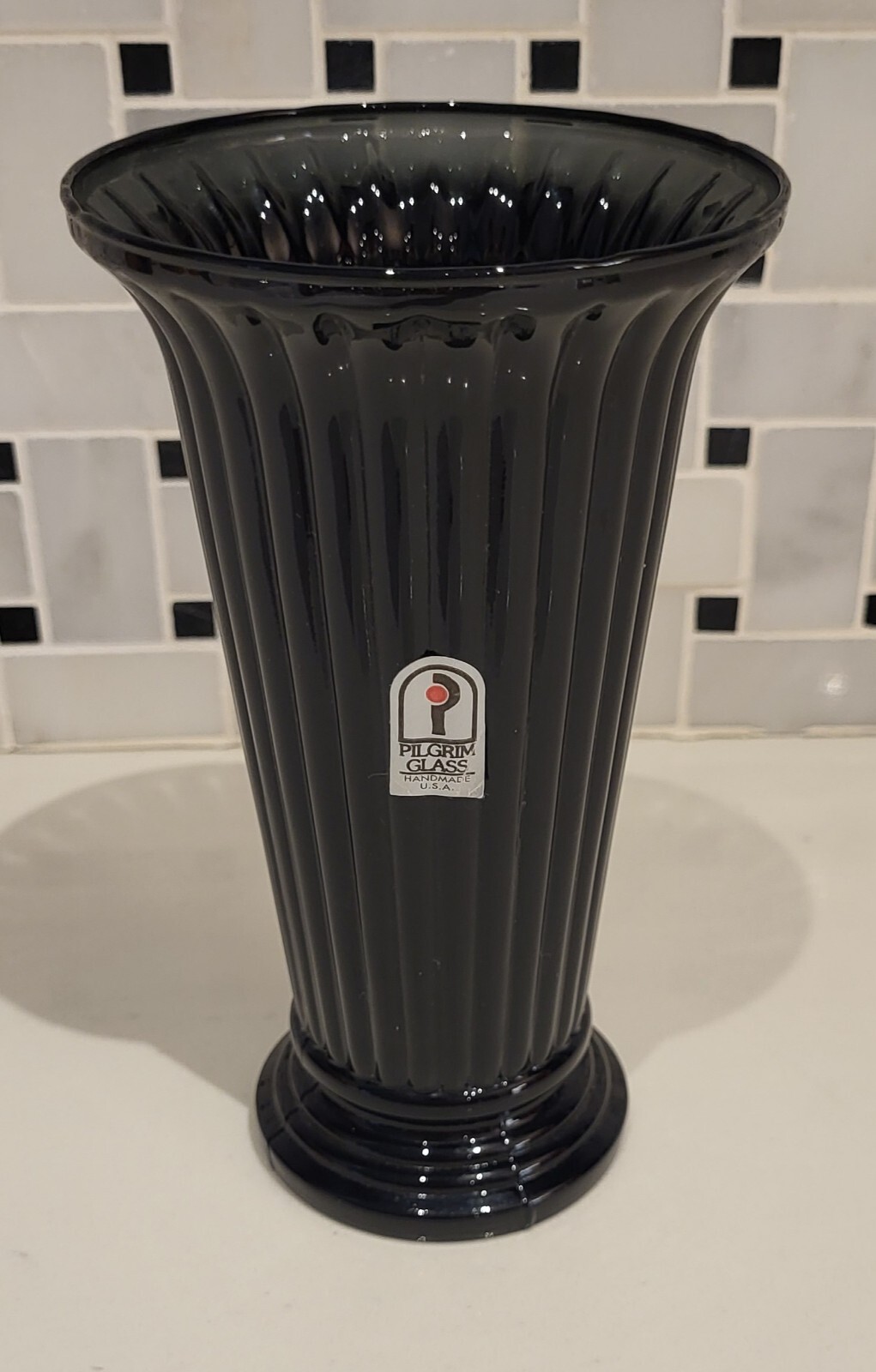 Vintage Art Deco Pilgrim Glass Black Vase 6 and 1/2 Inches Tall Handmade USA