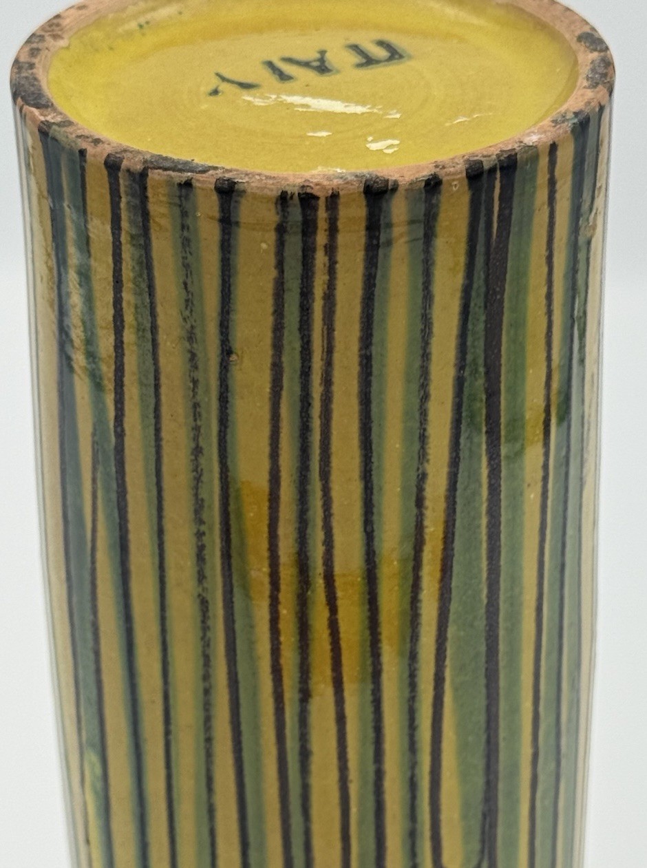 Vintage Mid-Century Italian Yellow Green Multi Color Striped Cylinder Vase ITALY