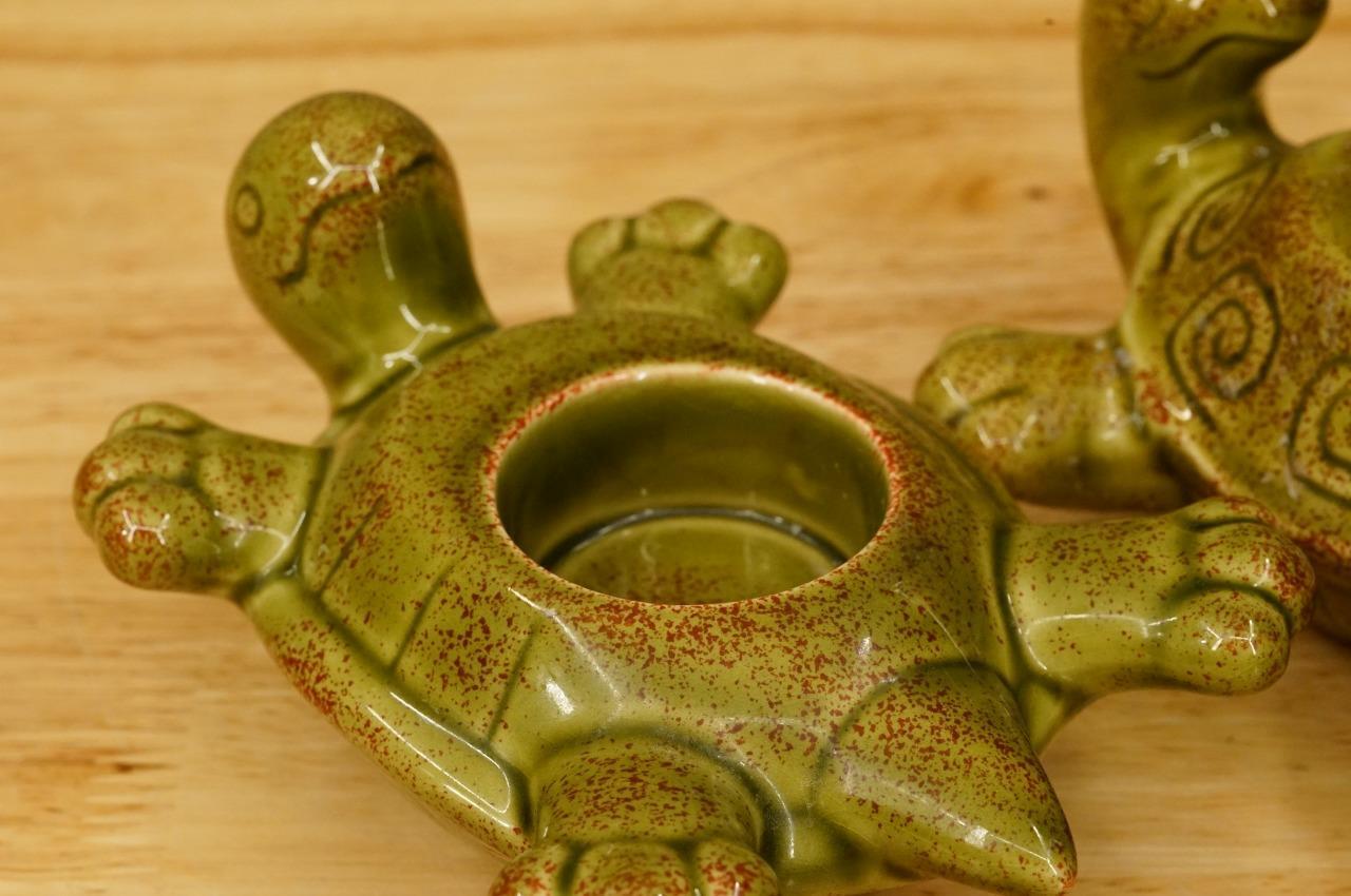 Vintage Lot 2 Partylite Brand Ceramic Olive Green TURTLE Votive Candleholders