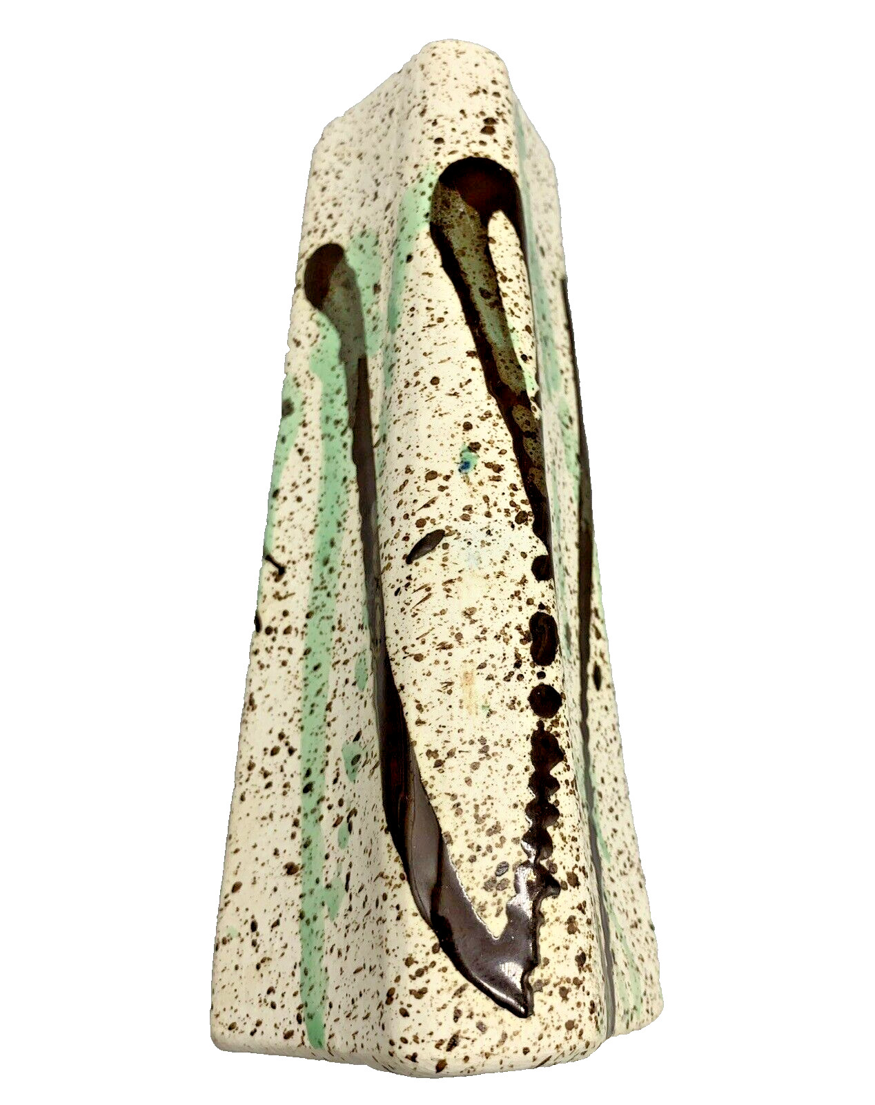 Abstract Vase Brown Green Glaze Drip Ceramic Pottery Trees Triangular Hexagon