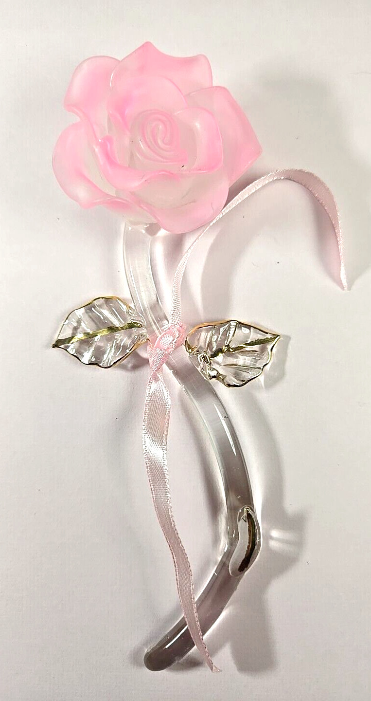 2″x6″ Blown Glass Pink Rose Art Glass Sculpture with Pink Ribbon