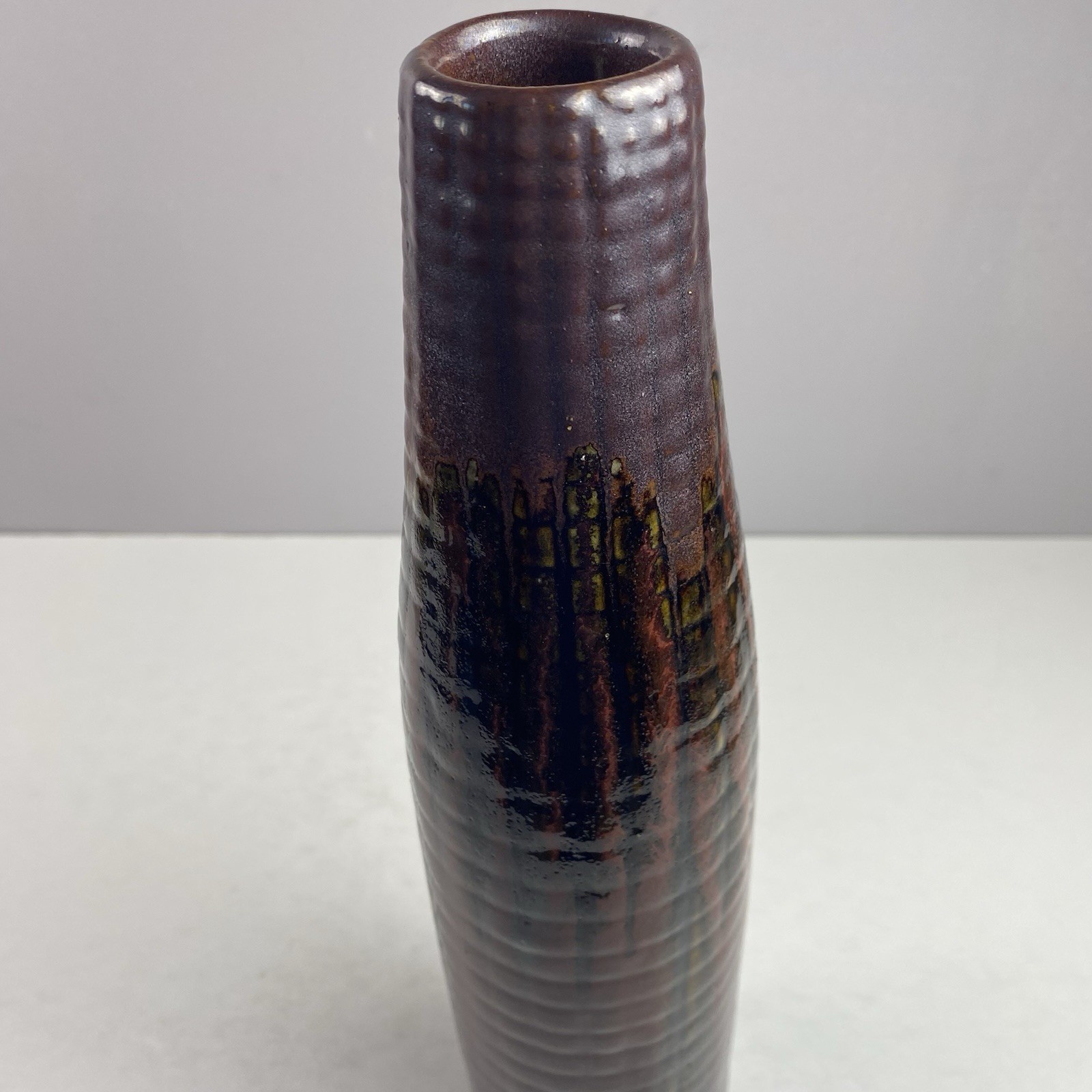 Tall Ribbed & Drip Glazed Vase – Oxblood Red and Black 13.5” READ