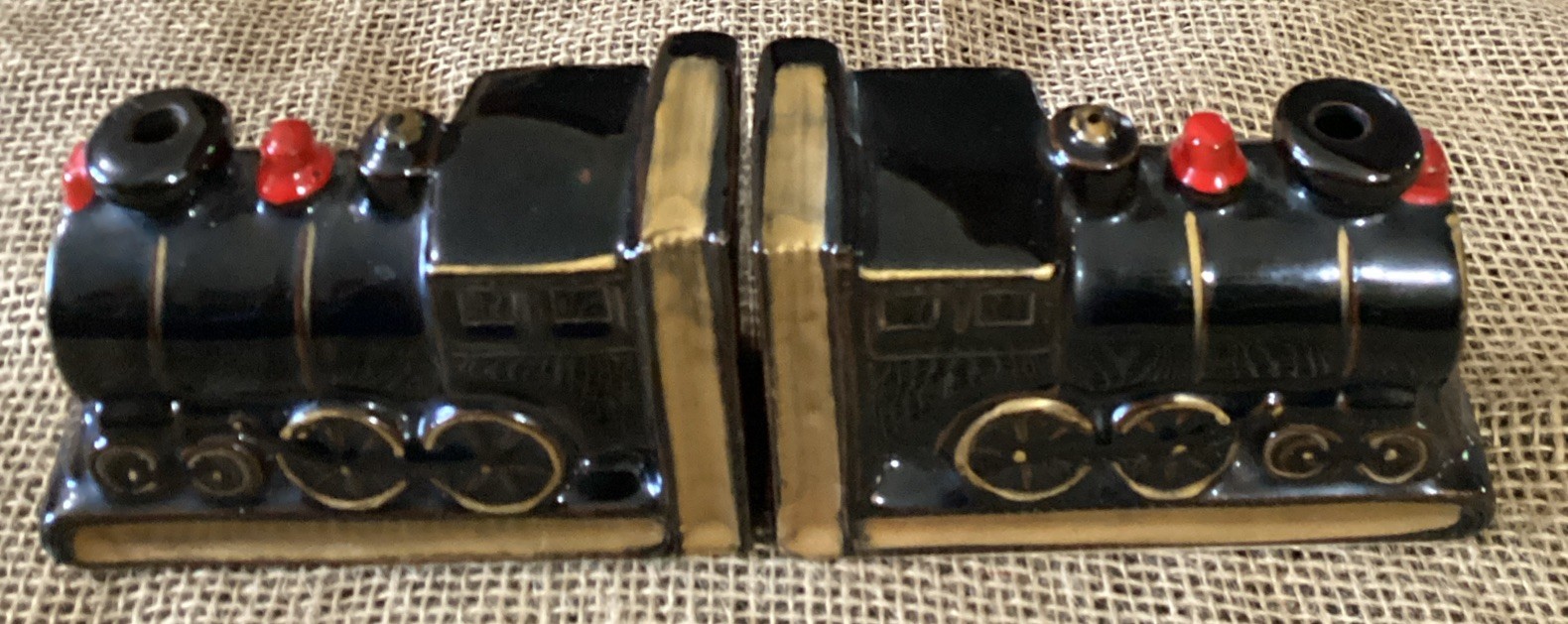 Ceramic Train Engine Bookends Black & Gold Made In Japan