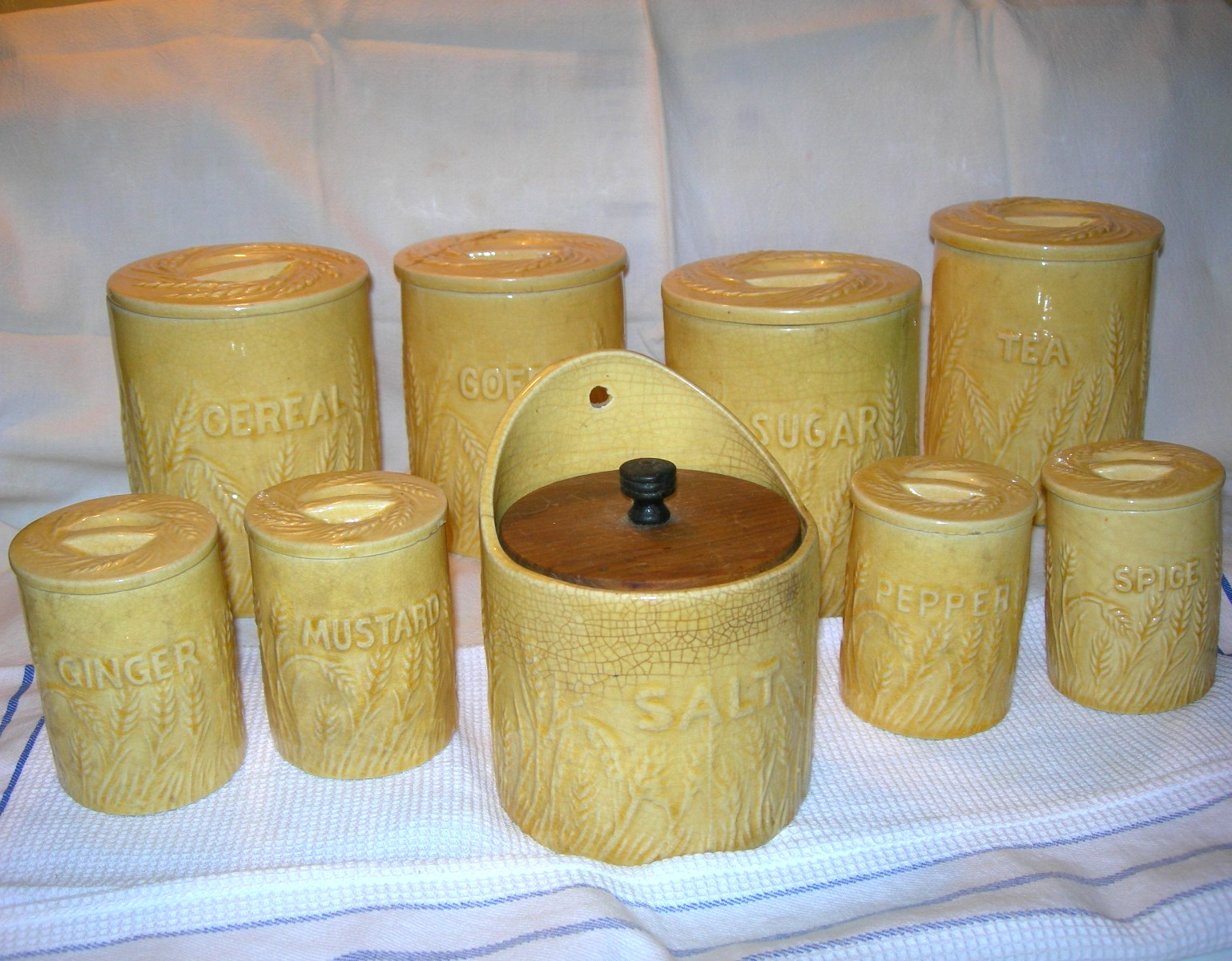 Antique Hull Pottery 9 pc Cannister Set Wheat Design RARE
