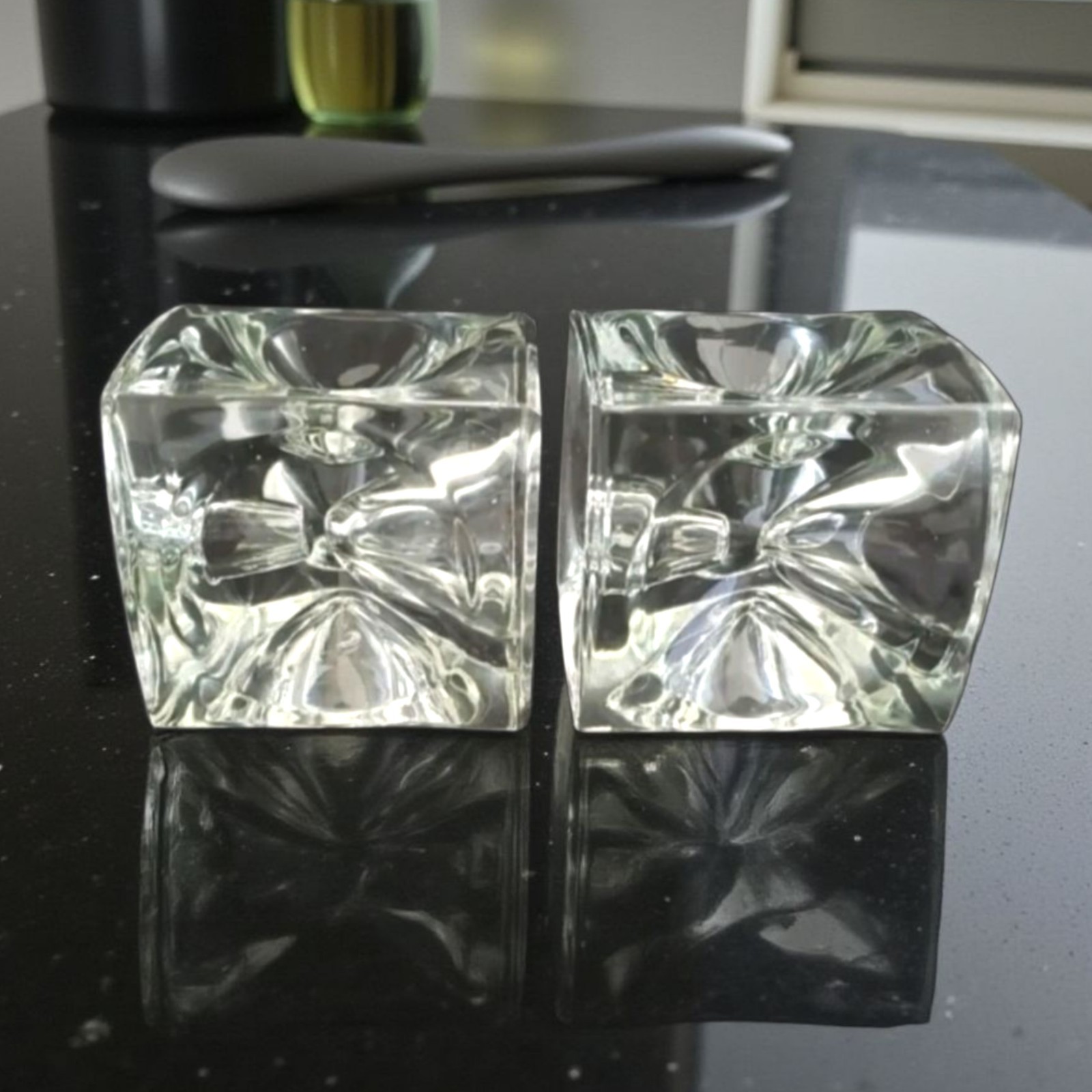 Vtg Czech Art Glass Square Cube Optic Candleholders by Rudolf Jurnikl Sklo Union