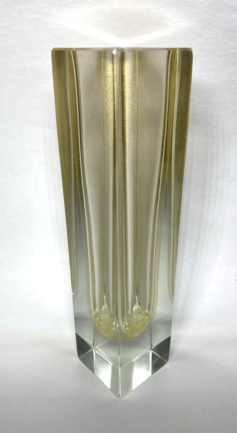 Vintage MCM Flavio Poli Murano Sommerso Cube Vase Clear Gold Stardust 11.75″