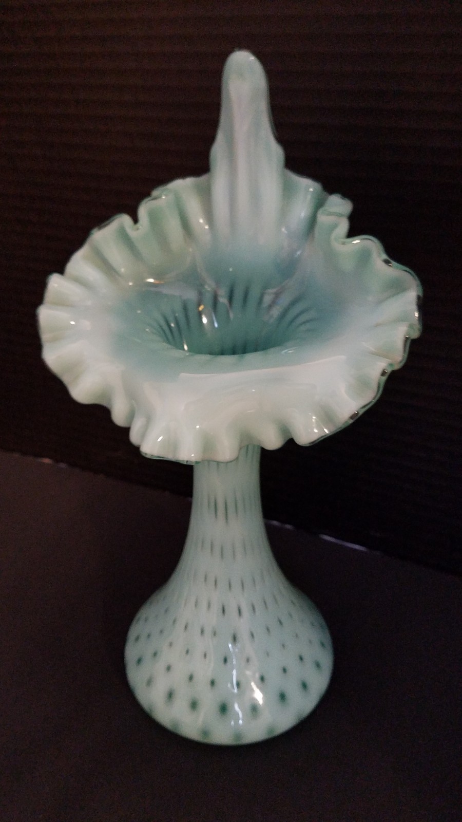 FENTON AQUA BLUE OPALESCENT COIN DOT JIP Jack in the Pulpit VASE 11″H