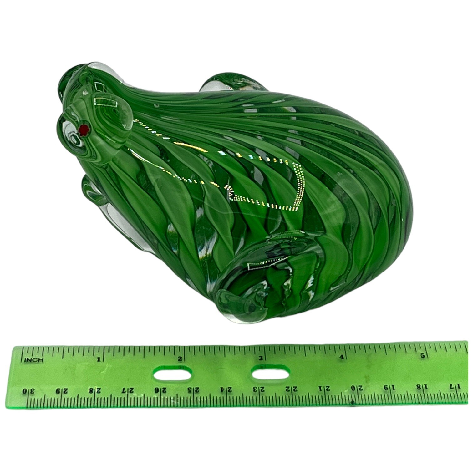 Green Ribbon Art Glass Frog Toad Figurine Paperweight Millefiori Eyes READ