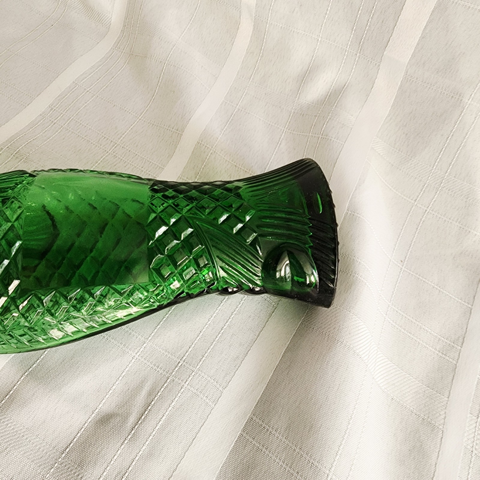 Vintage Green Glass Fish Shaped Wine Bottle Decanter Scales 13″ T F Mark
