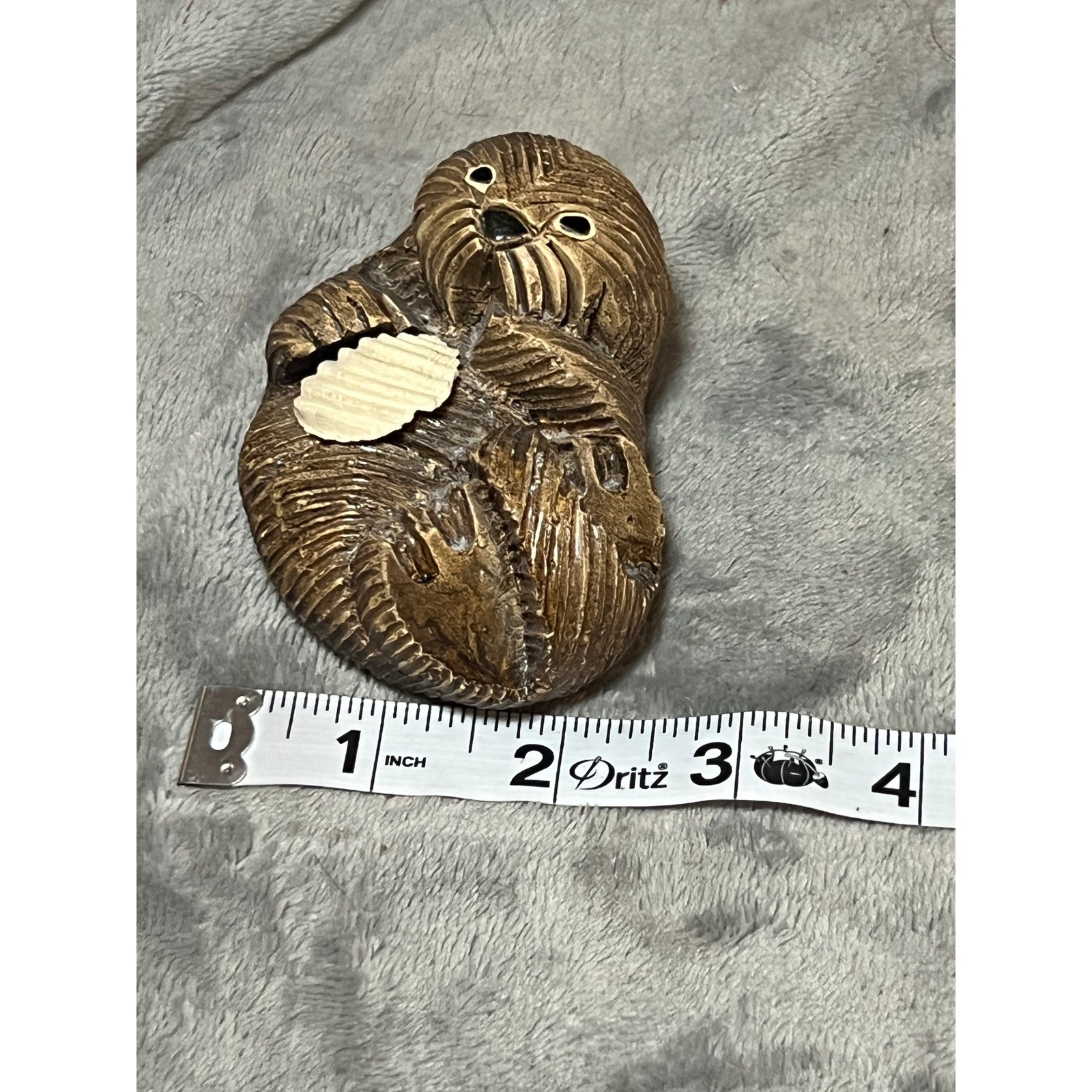 Vintage Sea Otter Figurine Shell Carving Signed Wood Resin Nautical 3in Ocean