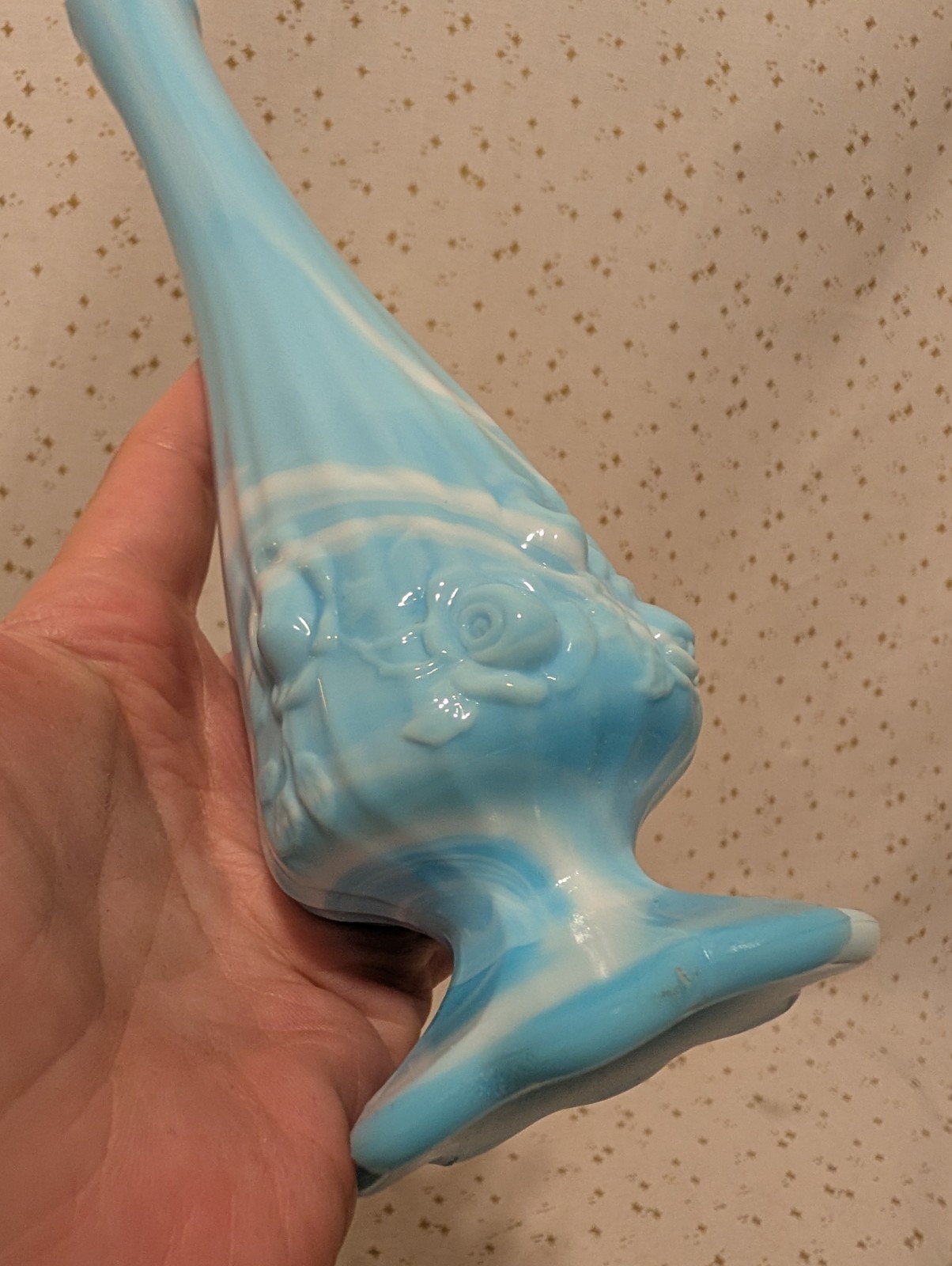 9″ Vintage FENTON Blue Marble SLAG GLASS Cabbage ROSE Swung BUD VASE Art MCM