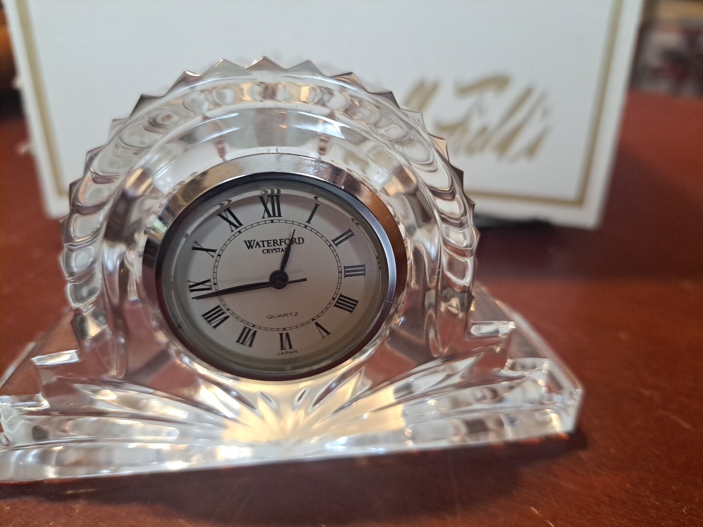 WATERFORD Signed Crystal Quartz Cottage Mantel Clock Marshall Fields