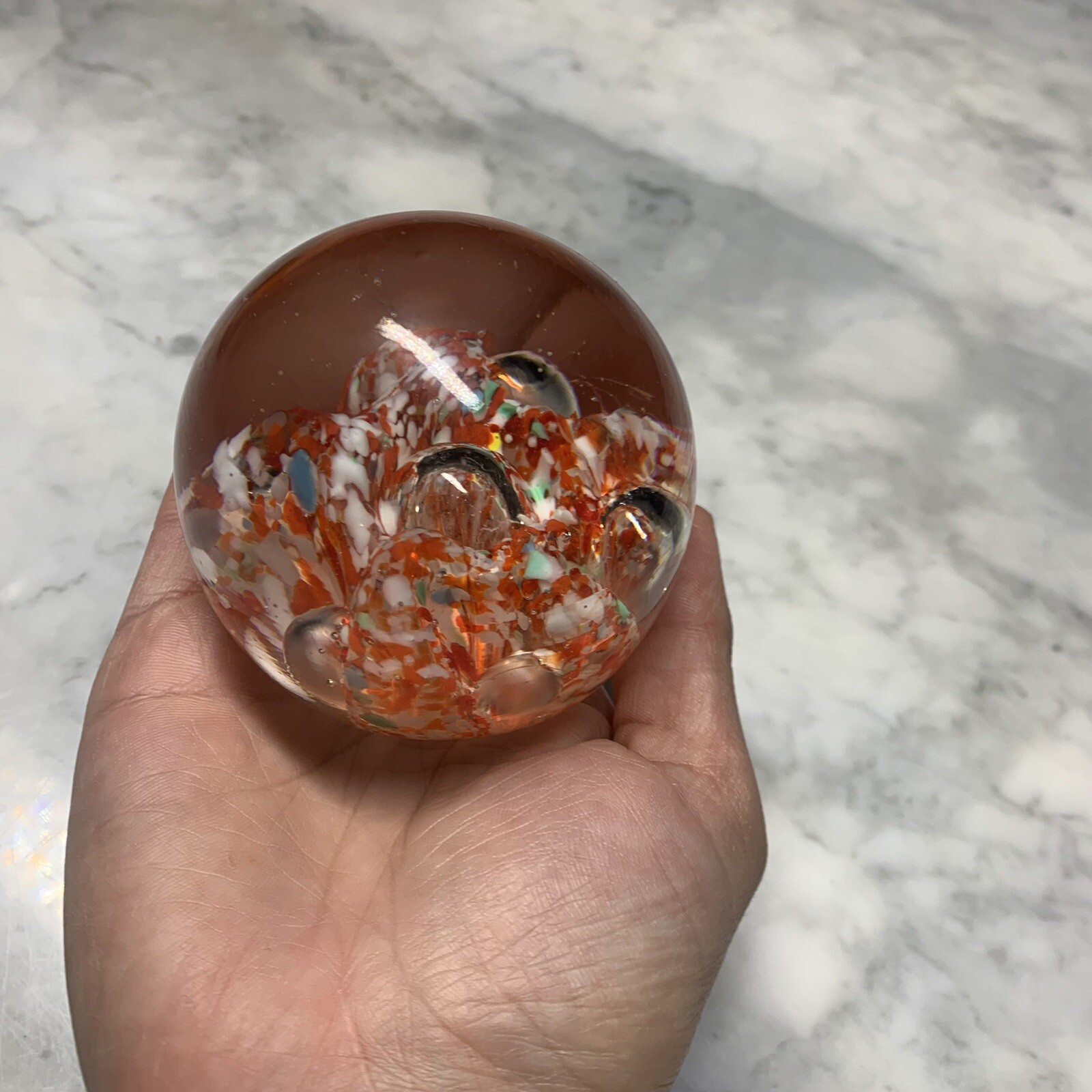 Vintage Norleans Japan Blown Glass Paperweight Orange Millefiori Bubbles