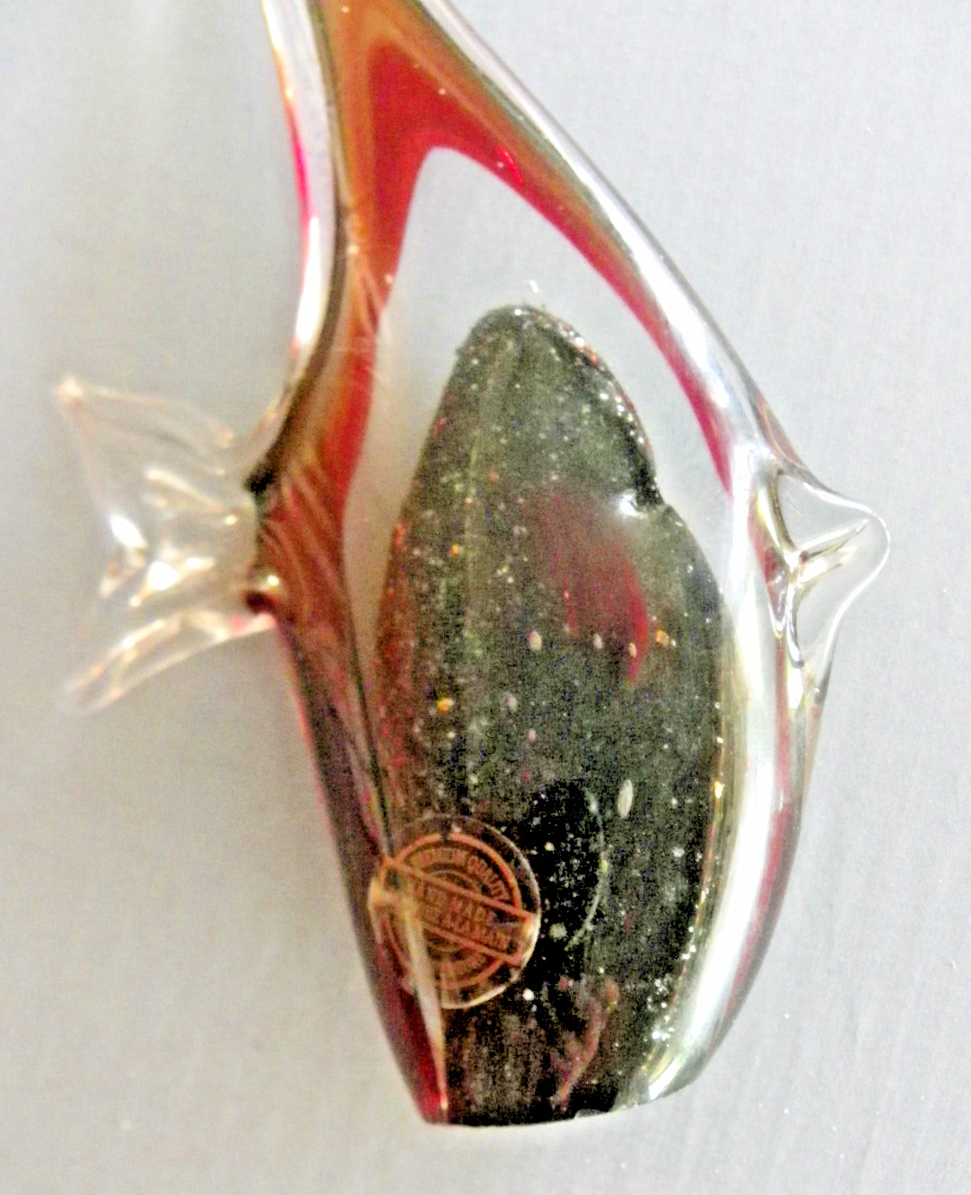 Art Glass Hand Made Fish Figurine Glittery Black and Red Colors 12″ Tall