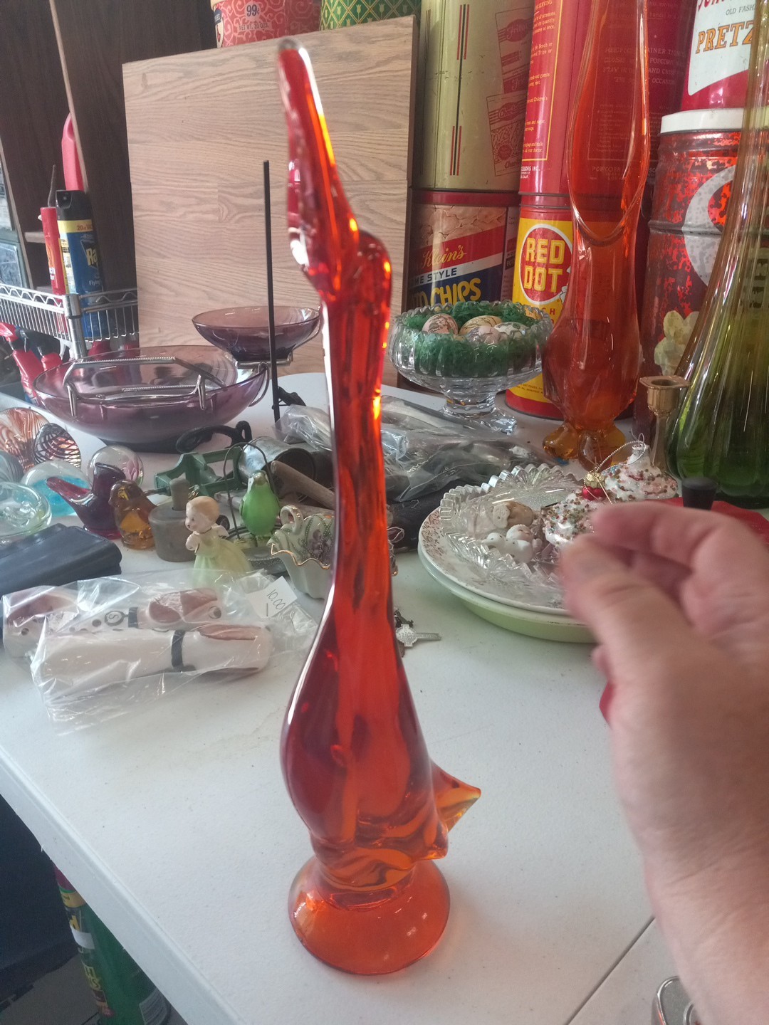 Vintage MCM Viking Heads Up Glass Duck RARE Amberina 14.25″ Large Heavy EUC