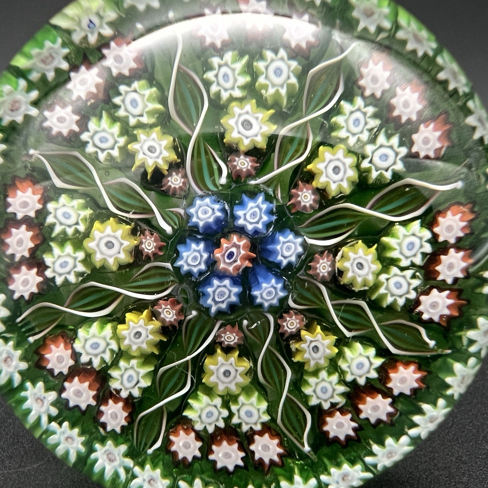 Vintage Perthshire Art Glass Paperweight Millefiori 8 Spoke Green Ground 2.5”