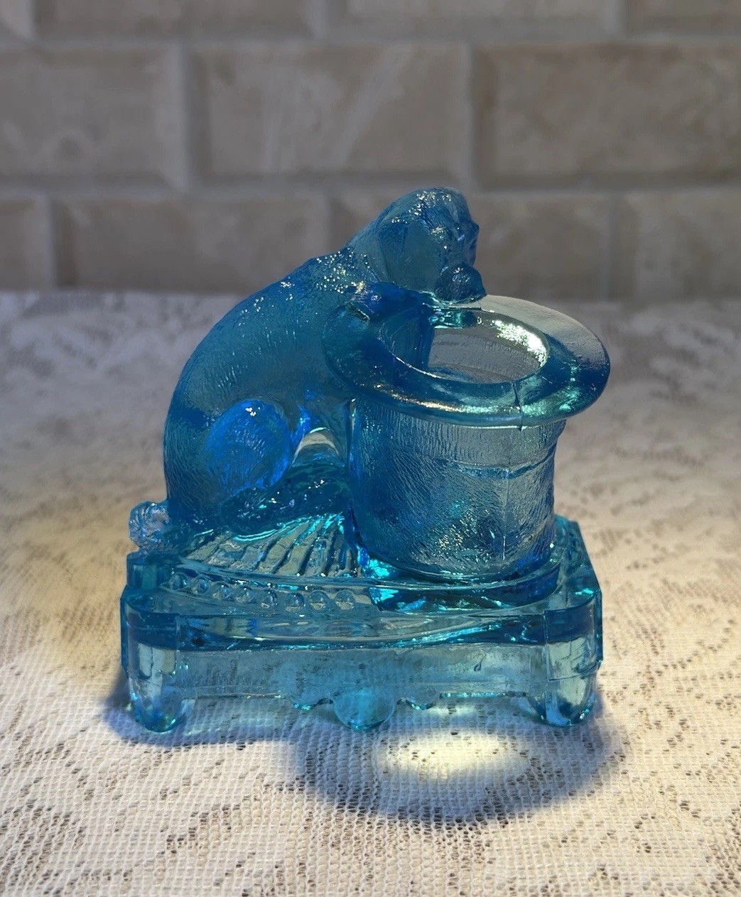 Antique Belmont Dog & Top Hat Toothpick Holder Blue Glass Figural 1887 EAPG